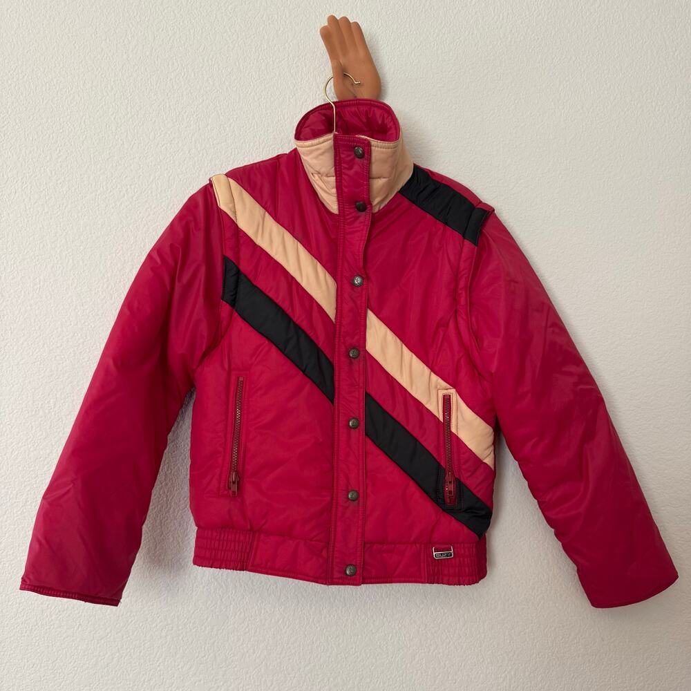 Vintage 70s 80s ski jacket puffer vest zip sleeves red stripe Suzy Chaffee S-M
